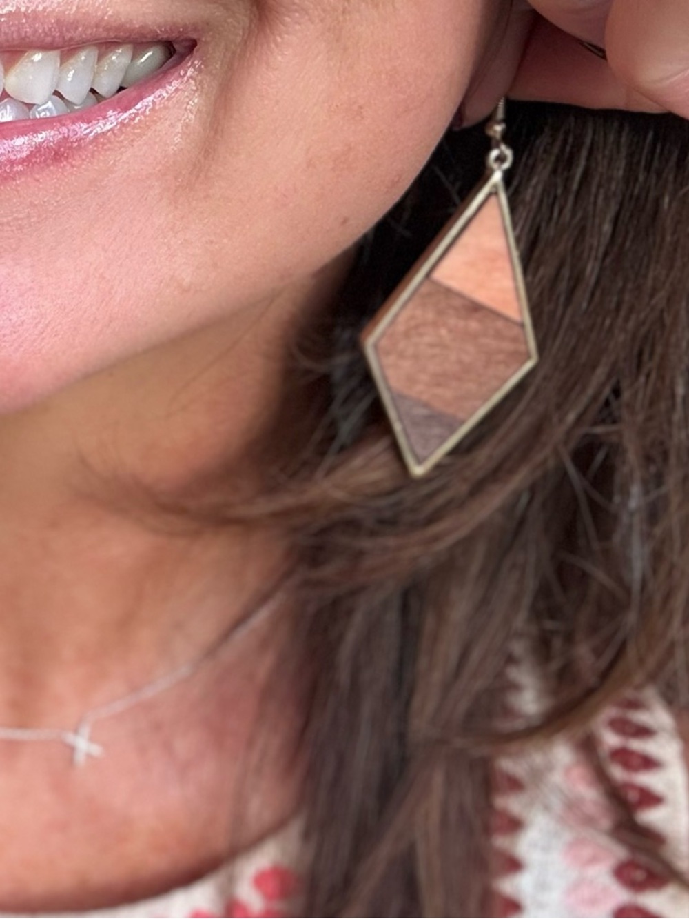 Geometric Wooden Inlay Drop Earrings - Brown/Tan